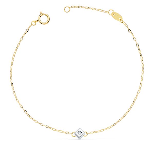 18K PULSERA ORO BICOLOR CHATON DE ROMBO CON DIAMANTE SI-H 0.015  QTS. 19 CM