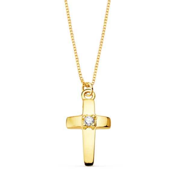 18K GARGANTILLA CRUZ 12X7 MM 1 DIAMANTE 0.015QT. CADENA VENECIANA 45CM G-VS2