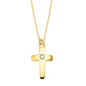 18K GARGANTILLA CRUZ 11X7 MM 1 DIAMANTE 0.015QT. CADENA VENECIANA 45CM G-VS2