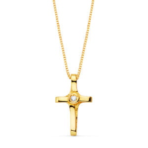 18K GARGANTILLA CRUZ 12X7 MM 1 DIAMANTE 0.010 QT.CADENA VENECIANA 45CM G-VS2