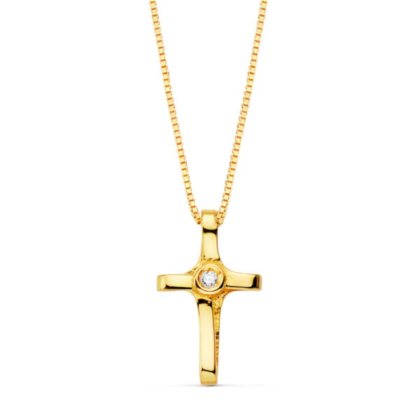 18K GARGANTILLA CRUZ 12X7 MM 1 DIAMANTE 0.010 QT.CADENA VENECIANA 45CM G-VS2