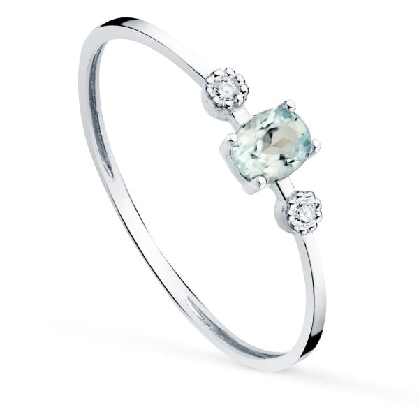 18K SORTIJA ORO BLANCO Y DIAMANTES 0.016  QTS. G-VS2 AGUAMARINA 4X3MMCUERPO 1 MM