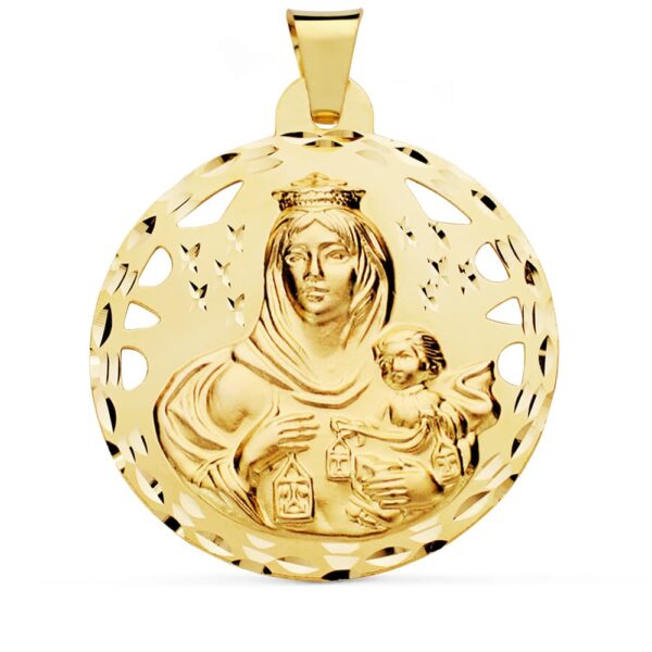 18K ESCAPULARIO CALADO TALLADO VIRGEN CARMEN Y CORAZON DE JESUS 42 MM - Imagen 3