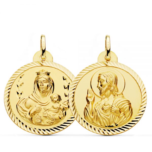 18K ESCAPULARIO HELICE VIRGEN DEL CARMEN CORAZON DE JESUS 26 MM