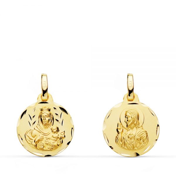 18K ESCAPULARIO TALLADO VIRGEN DEL CARMEN CORAZON DE JESUS 14 MM