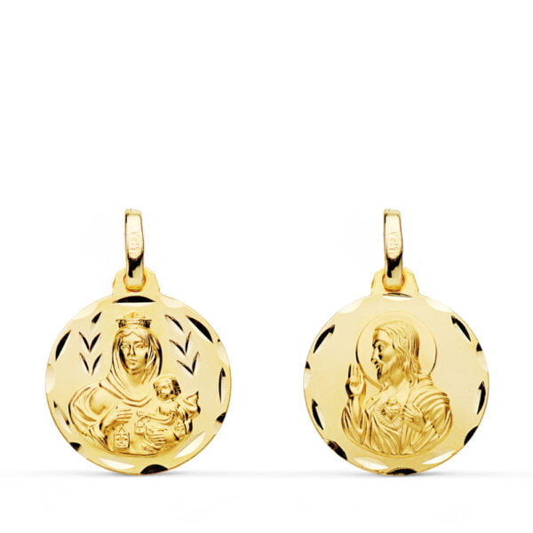 18K ESCAPULARIO TALLADO VIRGEN DEL CARMEN CORAZON DE JESUS 16 MM