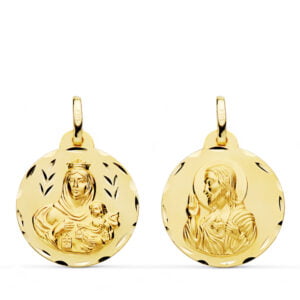 18K ESCAPULARIO TALLADO VIRGEN DEL CARMEN CORAZON DE JESUS 20 MM