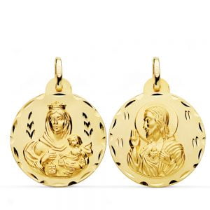 18K ESCAPULARIO TALLADO VIRGEN DEL CARMEN Y CORAZON DE JESUS 24 MM