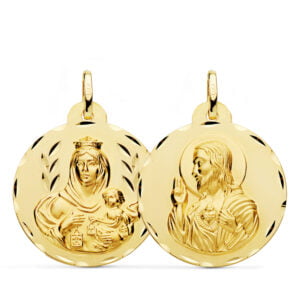 18K ESCAPULARIO TALLADO VIRGEN DEL CARMEN Y CORAZON DE JESUS 26 MM