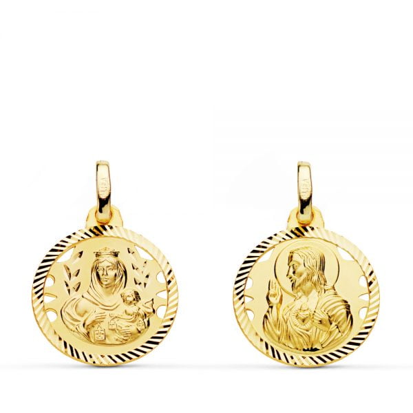 18K ESCAPULARIO HELICE CALADO VIRGEN CARMEN Y CORAZON DE JESUS 16 MM