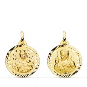 18K ESCAPULARIO HELICE CALADO VIRGEN CARMEN Y CORAZON DE JESUS 18 MM