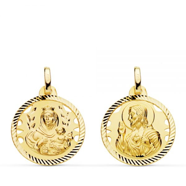 18K ESCAPULARIO HELICE CALADO VIRGEN CARMEN Y CORAZON DE JESUS 18 MM