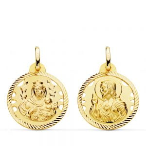 18K ESCAPULARIO HELICE CALADO VIRGEN CARMEN Y CORAZON DE JESUS 20 MM