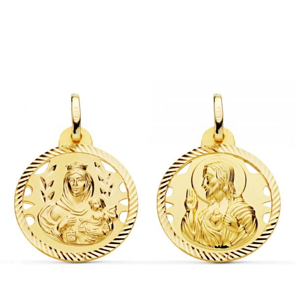 18K ESCAPULARIO HELICE CALADO VIRGEN CARMEN Y CORAZON DE JESUS 20 MM