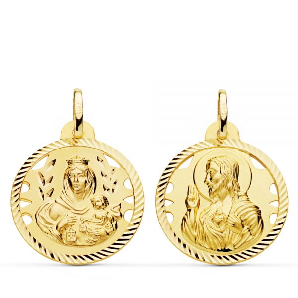 18K ESCAPULARIO HELICE CALADO VIRGEN CARMEN Y CORAZON DE JESUS 22 MM