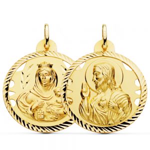 18K ESCAPULARIO HELICE CALADO VIRGEN CARMEN Y CORAZON DE JESUS 30 MM