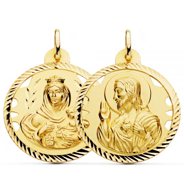 18K ESCAPULARIO HELICE CALADO VIRGEN CARMEN Y CORAZON DE JESUS 30 MM