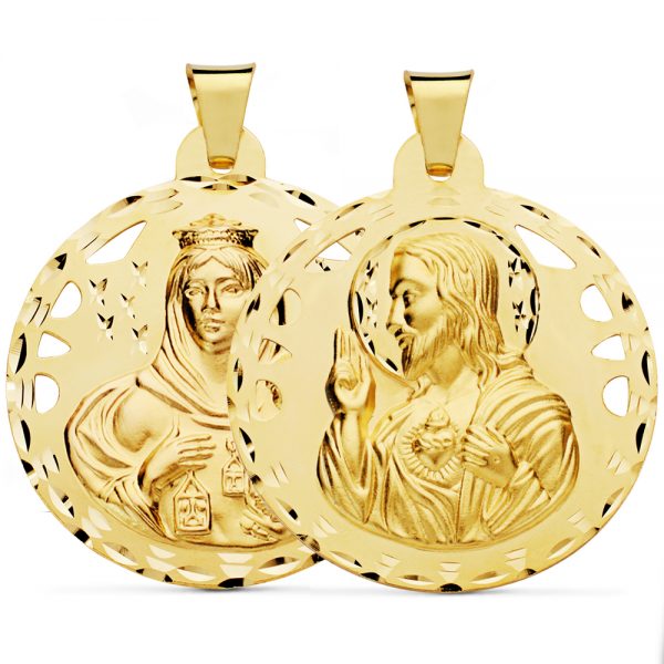 18K ESCAPULARIO CALADO TALLADO VIRGEN CARMEN Y CORAZON DE JESUS 42 MM