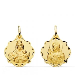 18K ESCAPULARIO VIRGEN DEL CARMEN Y CORAZON DE JESUS 20 MM
