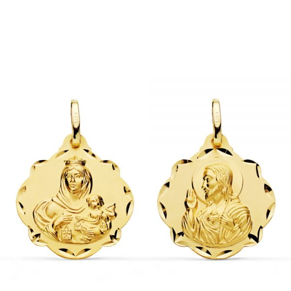 18K ESCAPULARIO VIRGEN DEL CARMEN Y CORAZON DE JESUS 20 MM