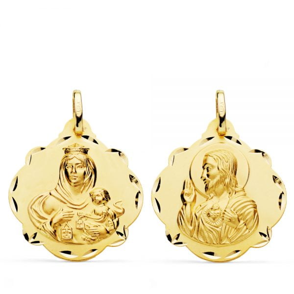 18K ESCAPULARIO VIRGEN DEL CARMEN Y CORAZON DE JESUS 24 MM