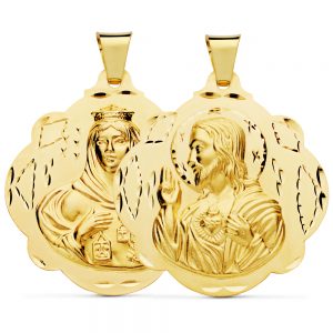 18K ESCAPULARIO PANDERETA VIRGEN DEL CARMEN Y CORAZON DE JESUS 42 MM