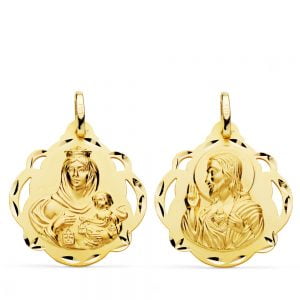 18K ESCAPULARIO VIRGEN DEL CARMEN Y CORAZON DE JESUS PANDERETA CALADA 24 MM