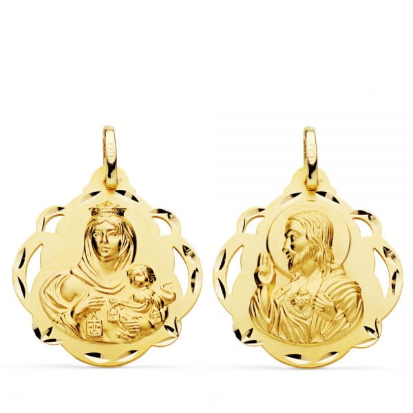 18K ESCAPULARIO VIRGEN DEL CARMEN Y CORAZON DE JESUS PANDERETA CALADA 24 MM