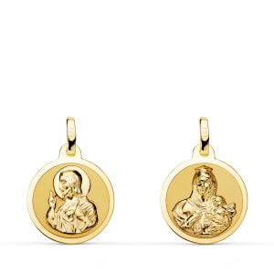 18K ESCAPULARIO BRILLO VIRGEN DEL CARMEN Y CORAZON DE JESUS 14 MM