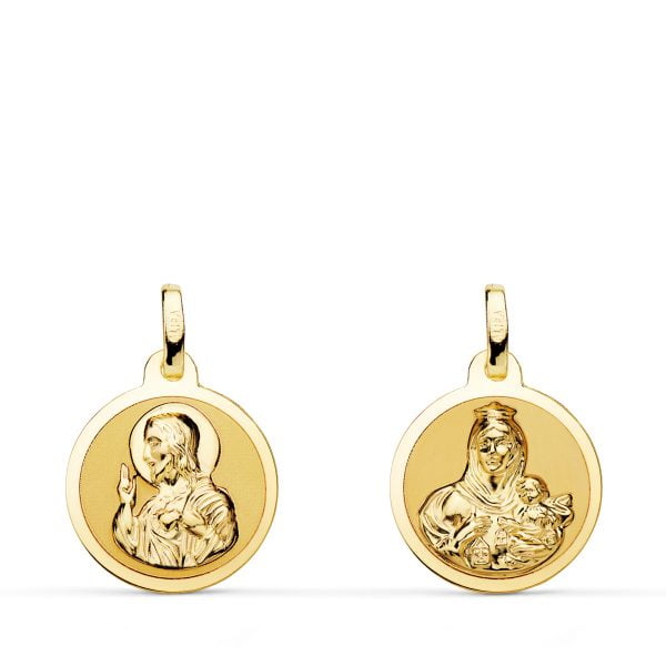 18K ESCAPULARIO BRILLO VIRGEN DEL CARMEN Y CORAZON DE JESUS 14 MM