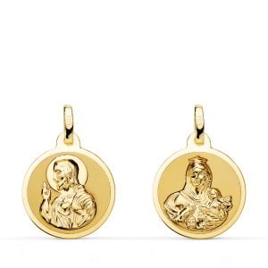 18K ESCAPULARIO BRILLO VIRGEN DEL CARMEN Y CORAZON DE JESUS 16 MM