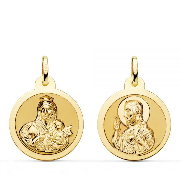 18K ESCAPULARIO BRILLO VIRGEN DEL CARMEN Y CORAZON DE JESUS 20 MM
