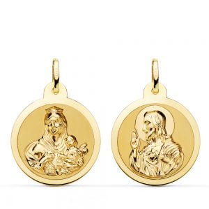 18K ESCAPULARIO BRILLO VIRGEN DEL CARMEN Y CORAZON DE JESUS 22 MM