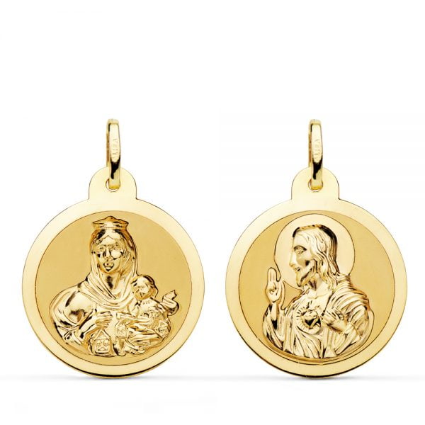 18K ESCAPULARIO BRILLO VIRGEN DEL CARMEN Y CORAZON DE JESUS 22 MM