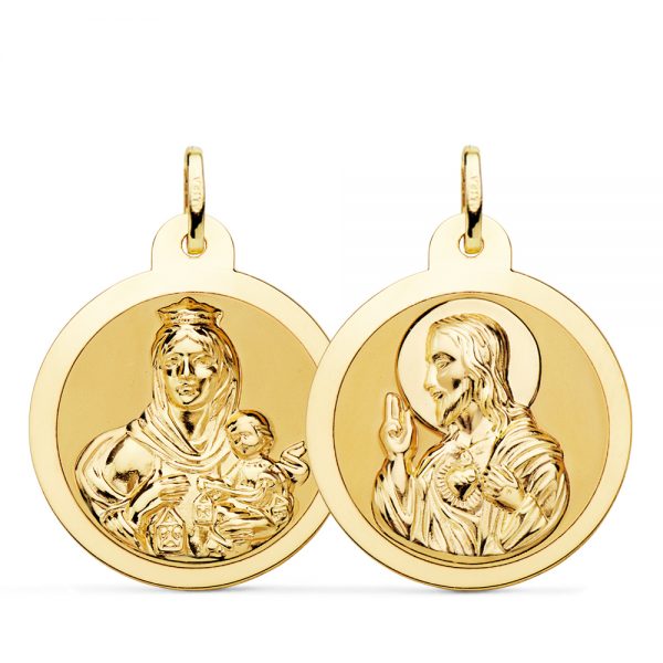 18K ESCAPULARIO BRILLO VIRGEN DEL CARMEN Y CORAZON DE JESUS 26 MM