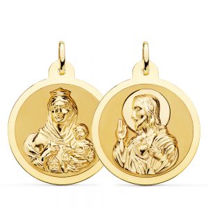 18K ESCAPULARIO BRILLO VIRGEN DEL CARMEN Y CORAZON DE JESUS 28 MM