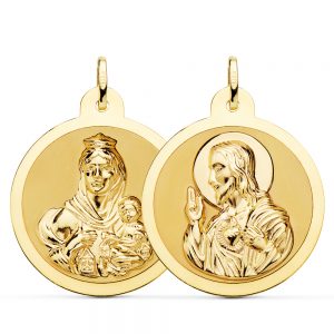 18K ESCAPULARIO BRILLO VIRGEN DEL CARMEN Y CORAZON DE JESUS 30 MM