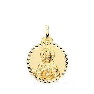 18K MEDALLA CRISTO SAGRADO CORAZON JESUS BRILLO TALLA CRUZADA 20 MM