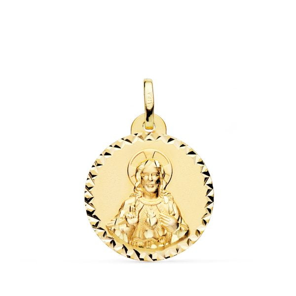 18K MEDALLA CRISTO SAGRADO CORAZON JESUS BRILLO TALLA CRUZADA 20 MM