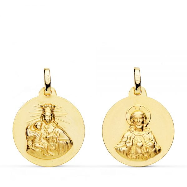 18K ESCAPULARIO VIRGEN DEL CARMEN Y CORAZON DE JESUS LISO 18 MM