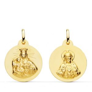 18K ESCAPULARIO VIRGEN DEL CARMEN Y CORAZON DE JESUS LISO 20 MM