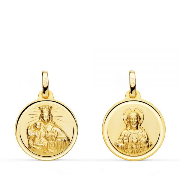 18K ESCAPULARIO VIRGEN CARMEN CORAZON JESUS 16 MM