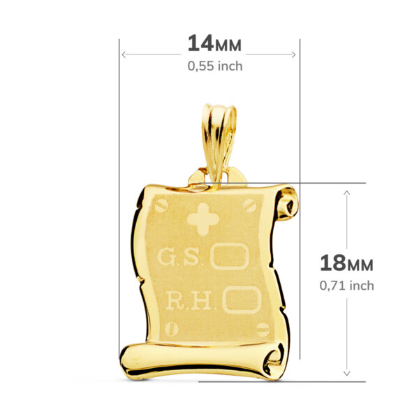 18K CHAPA PERGAMINO BRILLO GRUPO SANGUINEO   RH MATE 18X14 MM - Imagen 2