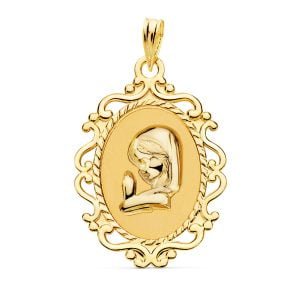 18K MEDALLA VIRGEN NIÑA CERCO CALADO BRILLO 27X21 MM