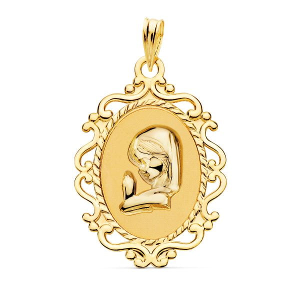 18K MEDALLA VIRGEN NIÑA CERCO CALADO BRILLO 27X21 MM