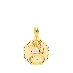18K MEDALLA OCTOGONAL ANGELITO BURLON CON RELOJ TALLADA. 15 X 15 MM