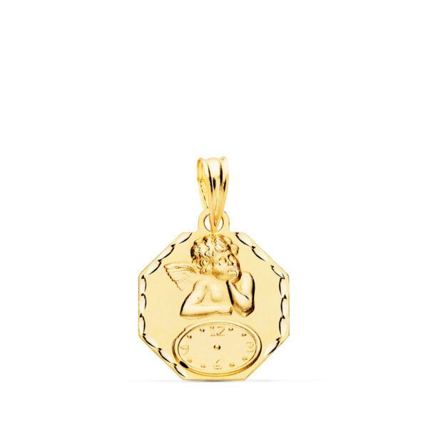 18K MEDALLA OCTOGONAL ANGELITO BURLON CON RELOJ TALLADA. 15 X 15 MM