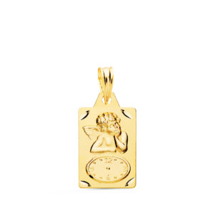 18K MEDALLA RECTANGULO ANGELITO BURLON CON RELOJ TALLADA. 19 X 11 MM