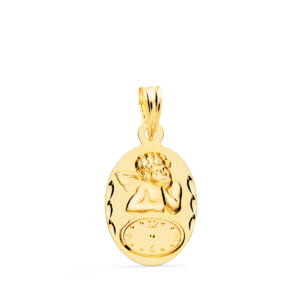 9K MEDALLA OVAL ANGELITO BURLON CON RELOJ TALLADA 19X12 MM