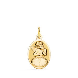 18K MEDALLA OVAL ANGELITO BURLON CON RELOJ BRILLO Y MATE. 19 X 12 MM